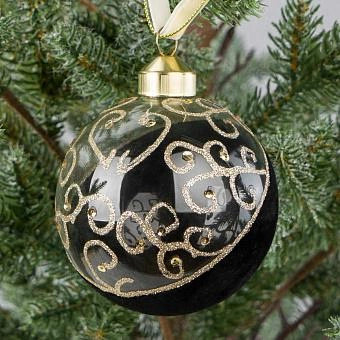 Ёлочная игрушка Transparent Half Asymmetric Black Ball With Gold Curls 8 cm