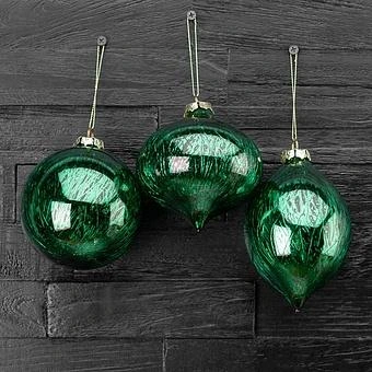 Набор из 3-х ёлочных игрушек Set Of 3 Glass Metal Scratched Balls Green 10 cm - ракурс 12