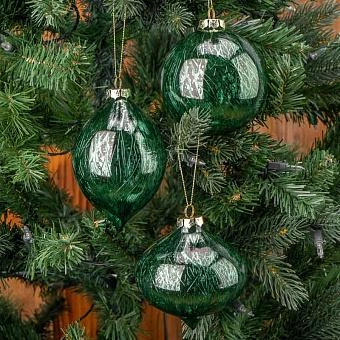 Набор из 3-х ёлочных игрушек Set Of 3 Glass Metal Scratched Balls Green 10 cm